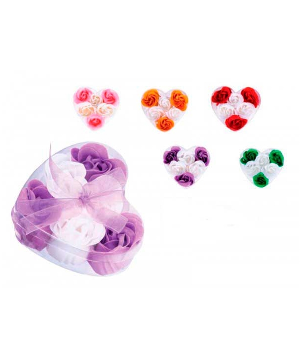 6 Flores de jabón presentadas en estuche corazón con lazo