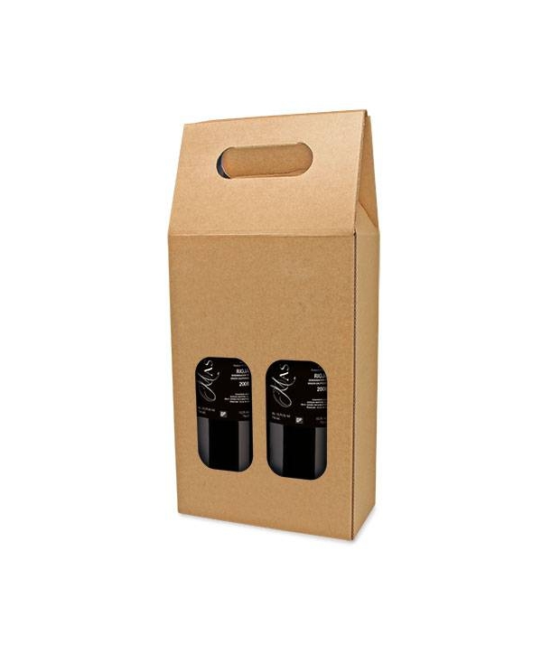 Cajas Cartón Automática Ventana para 2 Botellas de Vino Kraft 100%