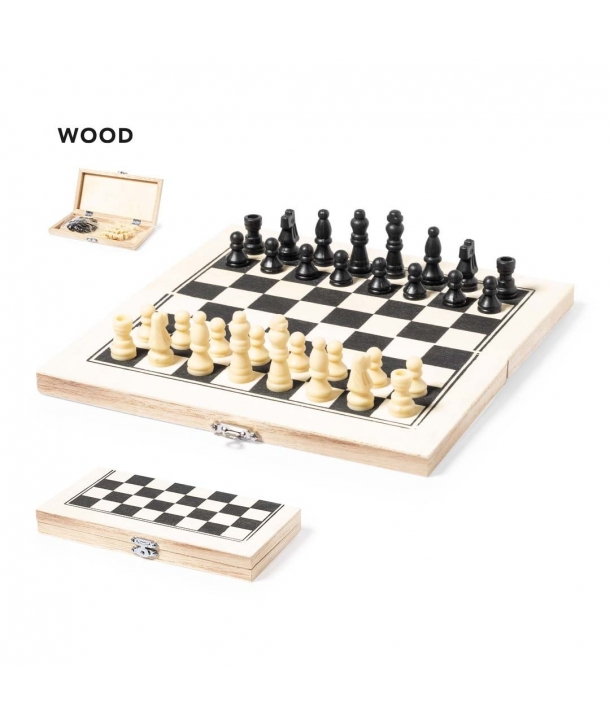 Set de 4 Juegos en estuche de madera. Incluye mikado, ajedrez, damas y dominó