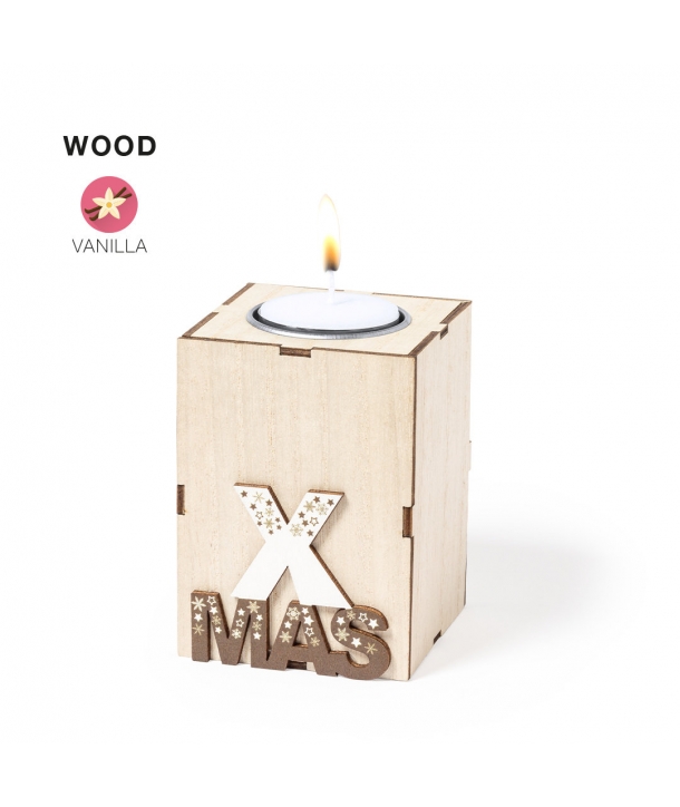 Vela aromática navideña de línea nature y fabricada en madera.