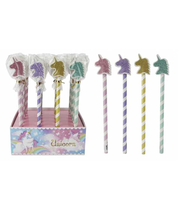 Lote 24 lápices de madera con borrador purpurina "Unicornio"